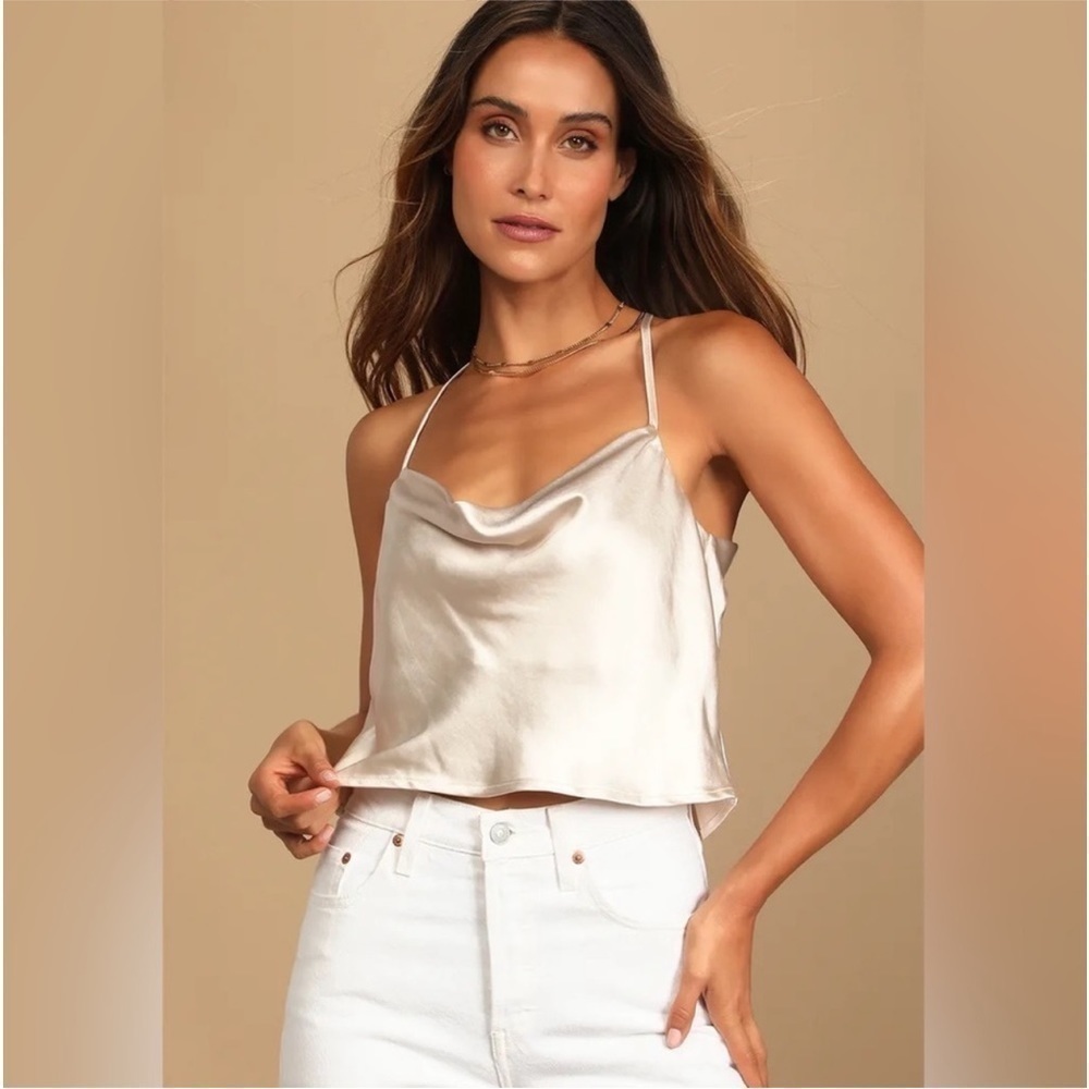 Lulus Hold Onto Love Beige Satin Cowl Neck Cami Tank Top NWT